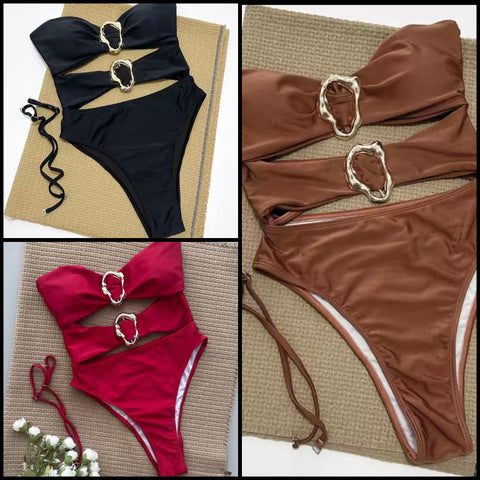 Women Sexy Gold Medal Strapless Cut Out Swimsuit