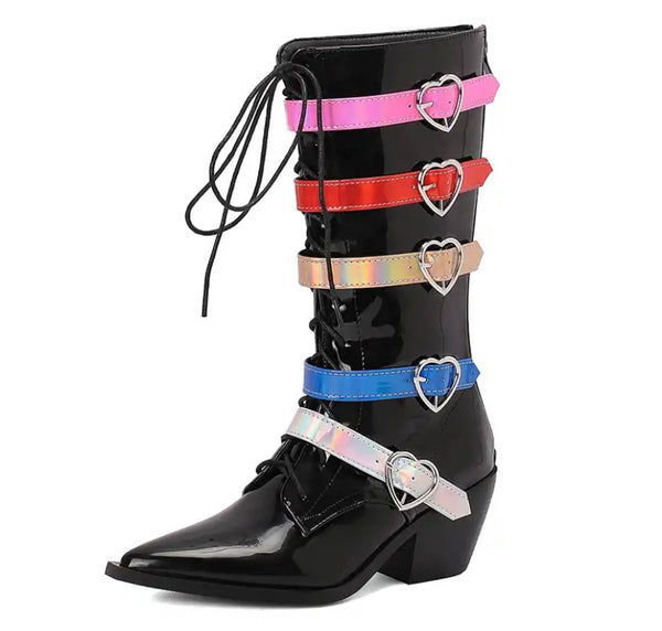 Women Pointed Toe Heart Buckled Lace Up Fashion Boots
