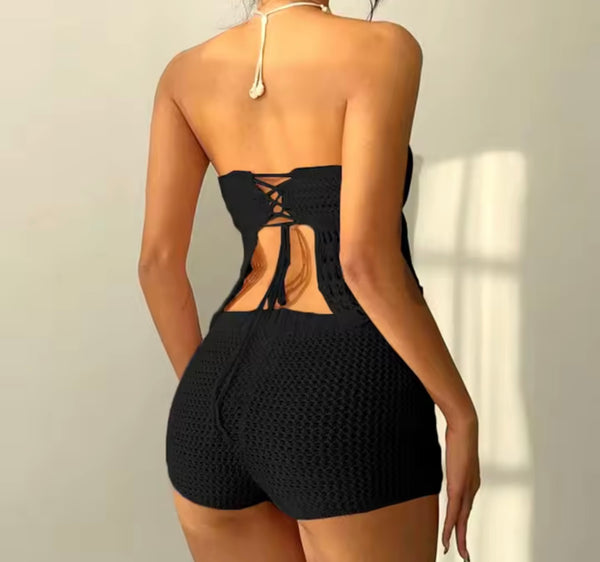 Women Sexy Strapless Tie Up Open Back Knitted Two Piece Short Set