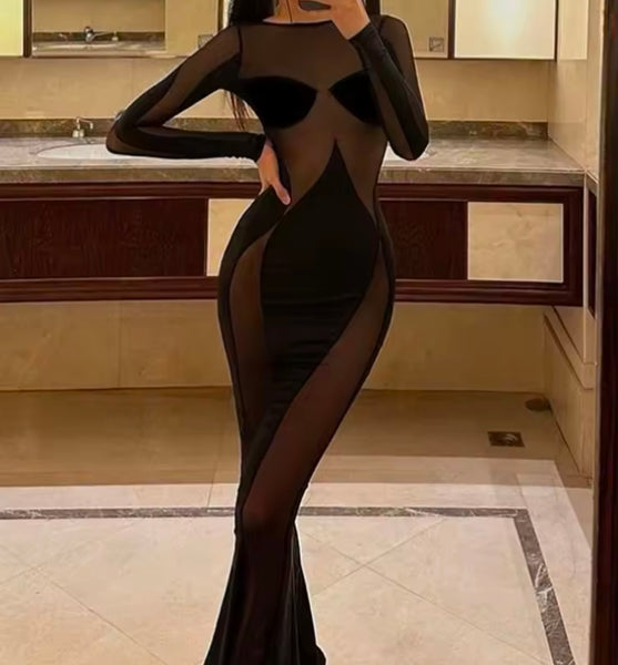 Women Sexy Black Mesh Patchwork Full Sleeve Maxi Dress