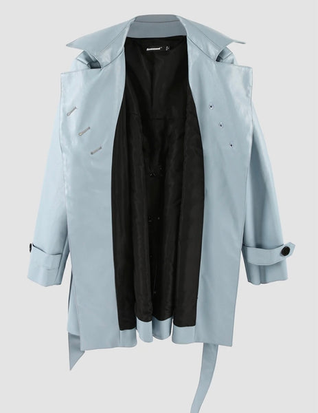 Women Fashion Blue Belted Faux Leather Trench Jacket