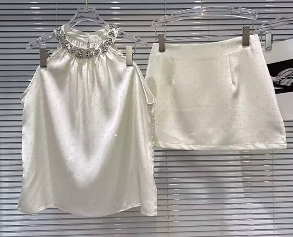 Women Rhinestone Halter Satin Sexy Two Piece Skirt Set