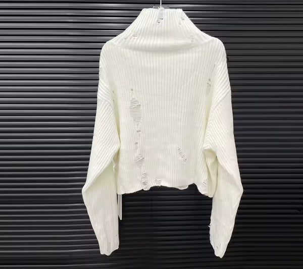 Women Fashion Ripped Turtleneck Bow Patchwork Sweater Top