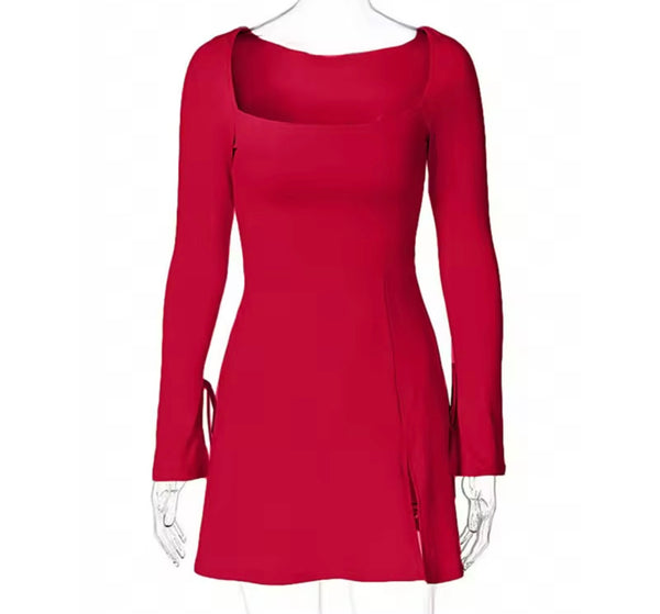 Women Sexy Solid Color Tie Up Full Sleeve Side Split Dress