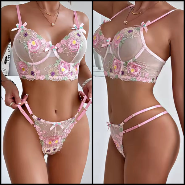 Women Sexy Pink Floral Mesh Lingerie Set
