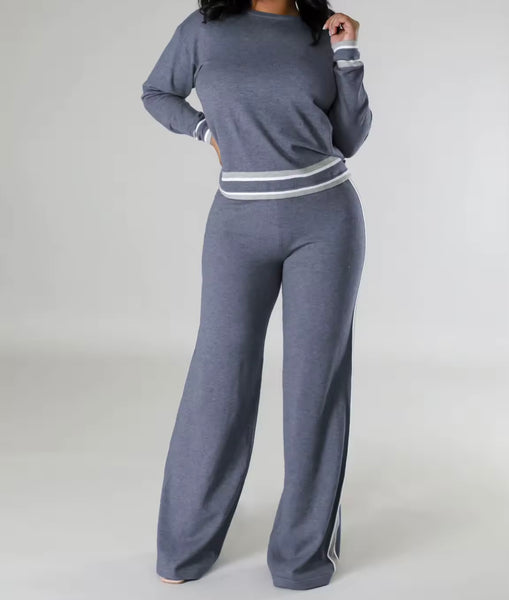 Women Solid Color Striped Patchwork Full Sleeve Two Piece Pant Set