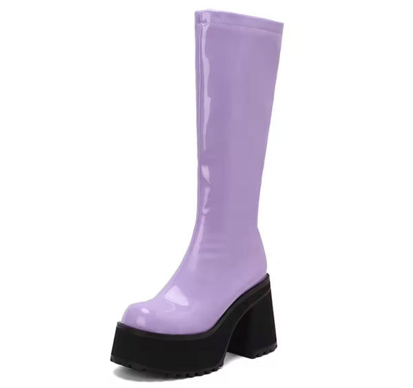 Women Color Fashion Platform Patent Leather Knee High Boots