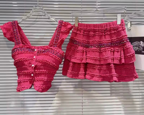 Women Sleeveless Bling Ruffled Sexy Two Piece Skirt Set