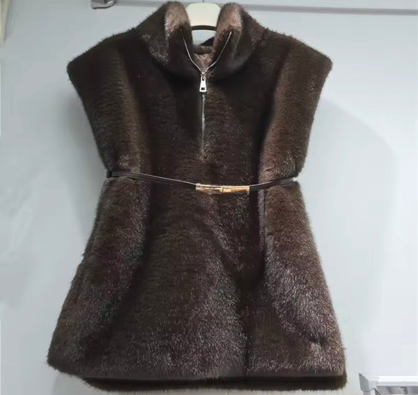 Women Fashion Faux Fur Belted Shawl Vest Pullover