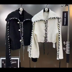 Women Fashion B&W Lace Up Full Sleeve Sweater Top