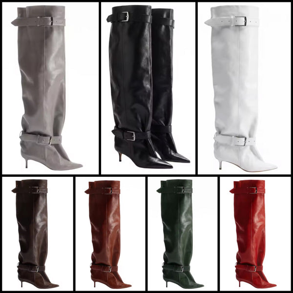 Women Pointed Toe Double Buckle Knee High Boots
