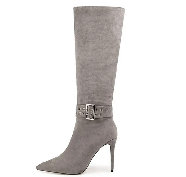 Women Pointed Toe Suede Buckled Knee High Boots