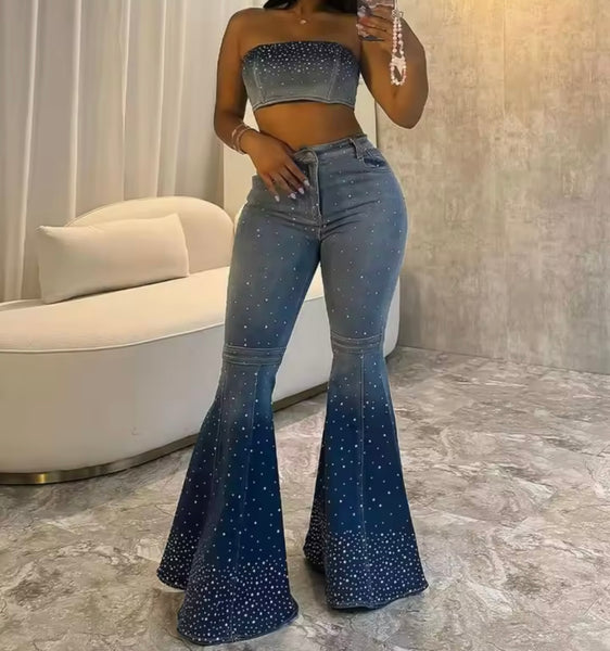 Women Strapless Bling Crop Two Piece Denim Pant Set