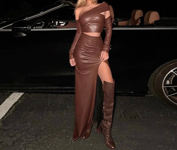 Women Brown Faux Leather One Shoulder Full Sleeve Two Piece Maxi Skirt Set