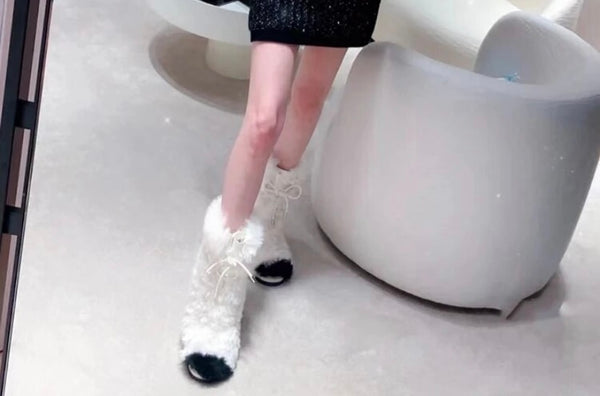 Women Fashion Color Patchwork Faux Fur Lace Up Ankle Boots