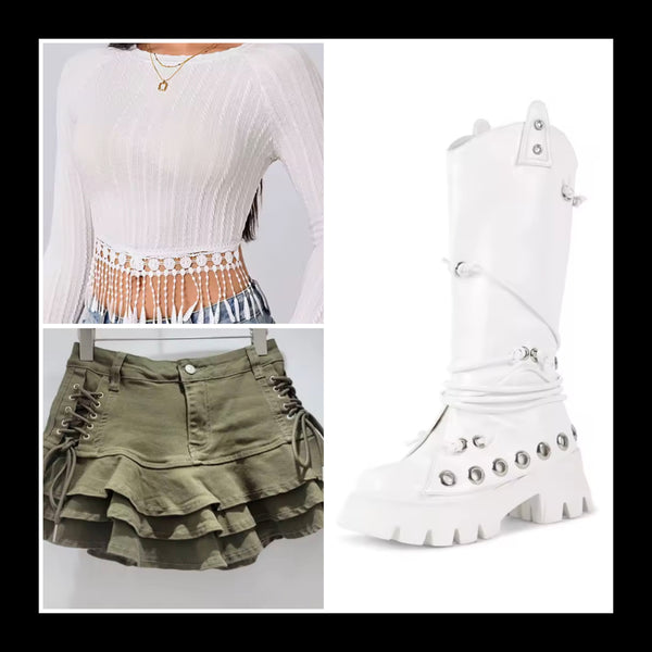 Women White Metal Ring Fashion Flat Knee High Boots