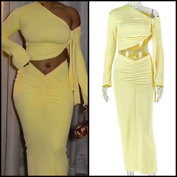 Women Sexy Yellow Ruched Full Sleeve Two Piece Maxi Skirt Set