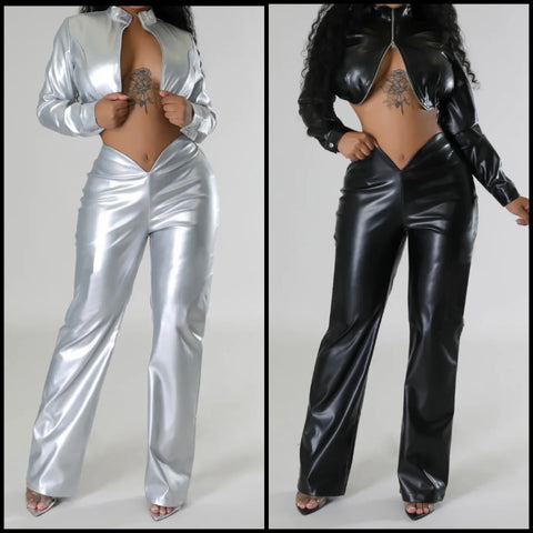 Women PU Full Sleeve Zip Up Crop Fashion Two Piece Pant Set