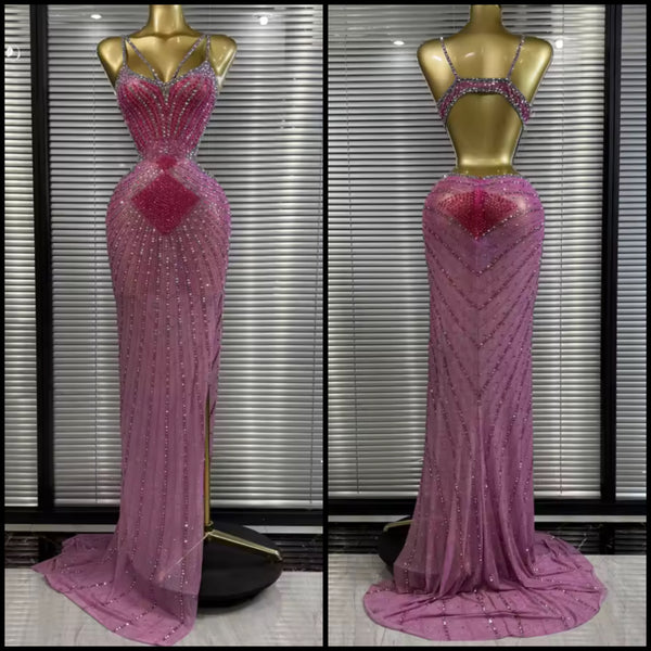 Women Pink Sexy Sleeveless Open Back Rhinestone Maxi Dress