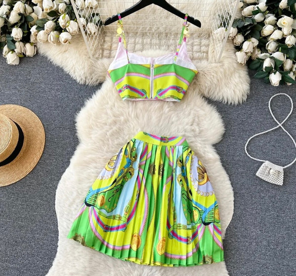 Women Sexy Sleeveless Two Piece Multicolored Print Skirt Set