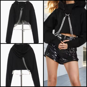 Women Fashion Black Hooded Rhinestone Tassel Crop Sweater