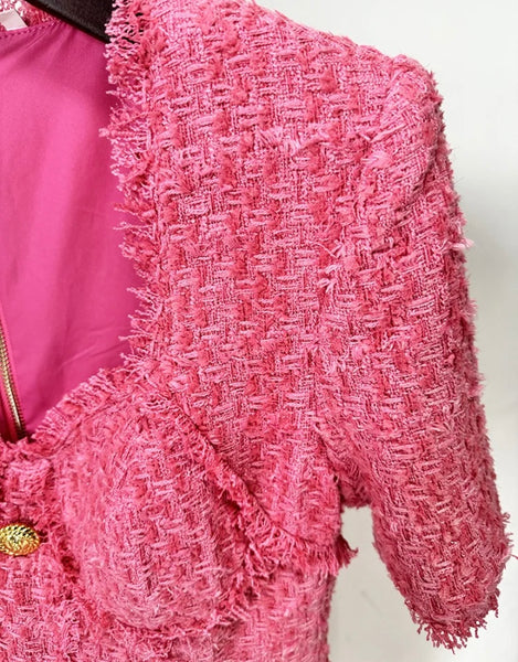 Women Sexy Pink Button Up Short Sleeve Tweed Dress