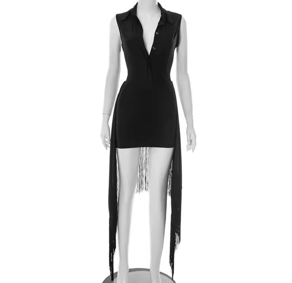 Women Sexy Button Up Sleeveless Bodysuit Two Piece Tassel Skirt Set