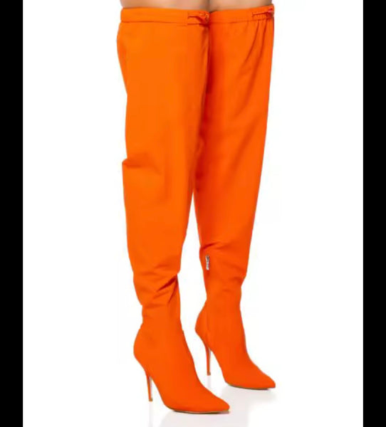 Women Fashion Orange Ruched Drawstring Over The Knee Boots