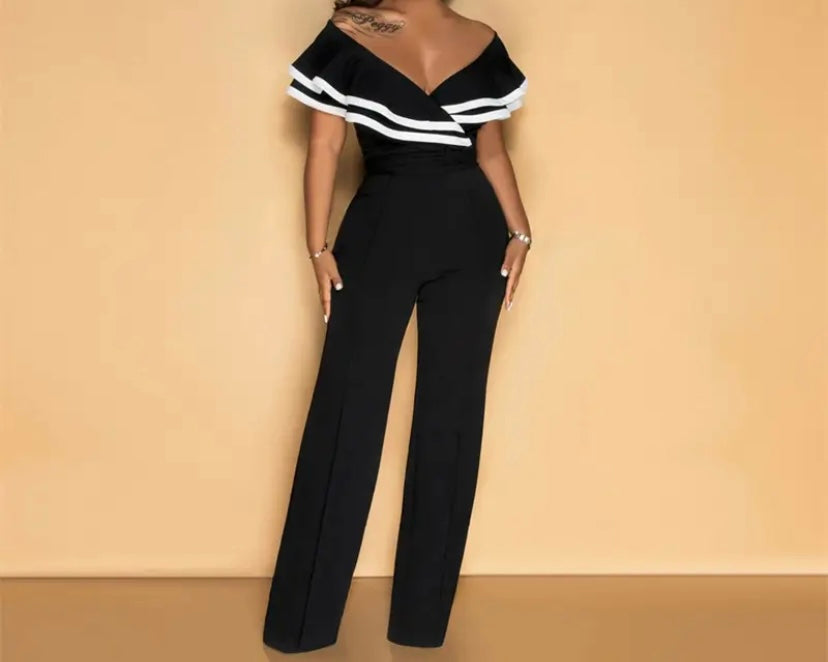 Women Sexy Striped Ruffled Off The Shoulder Short Sleeve Jumpsuit