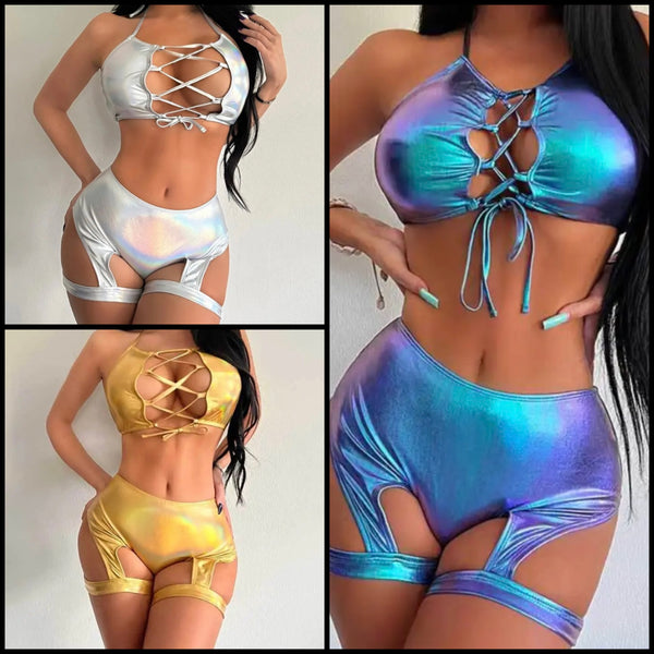 Women Sexy Sleeveless Metallic Two Piece Short Set