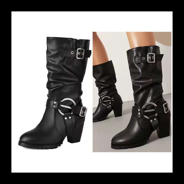 Women Black Fashion Silver Buckle Ruched Ankle Boots