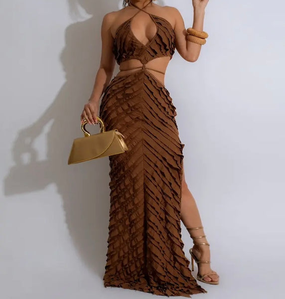 Women Sexy Halter Sleeveless Ruffled Cut Out Maxi Dress