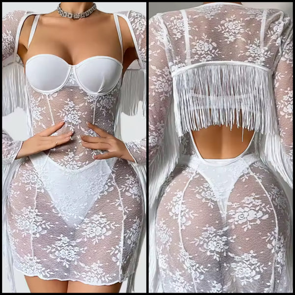 Women Sexy White Lace Tassel Lingerie Set