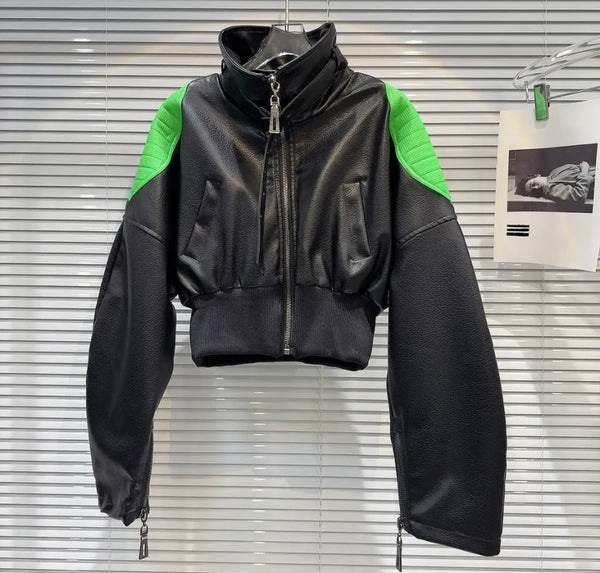 Women Fashion Color Patchwork Faux Leather Jacket
