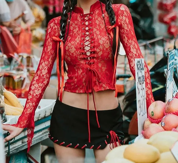 Women Sexy Red Lace Full Sleeve Tie Up Crop Top