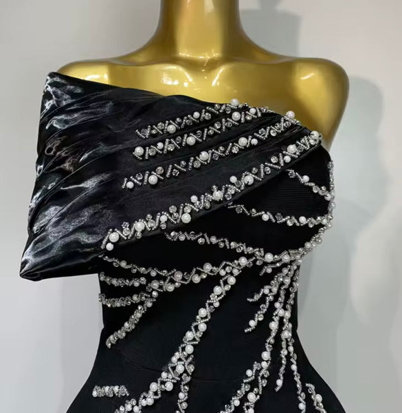 Women Sexy Black Off The Shoulder Sleeveless Pearl Bling Maxi Dress