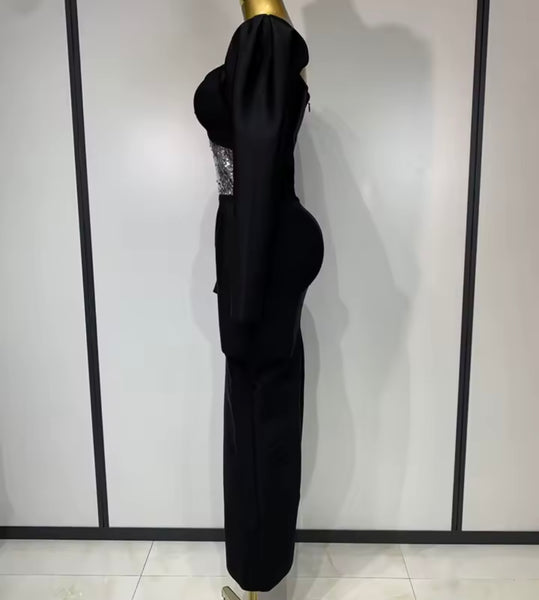 Women Sexy Black Sequins Patchwork Full Sleeve Maxi Dress