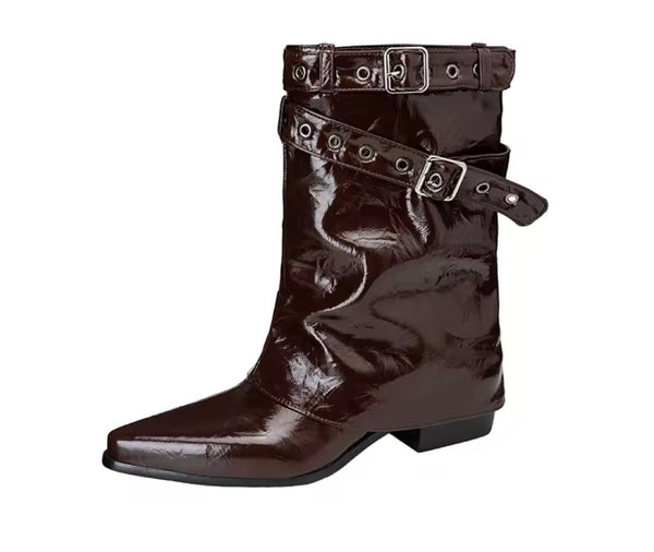 Women Fashion Patent Leather Buckled Ankle Boots