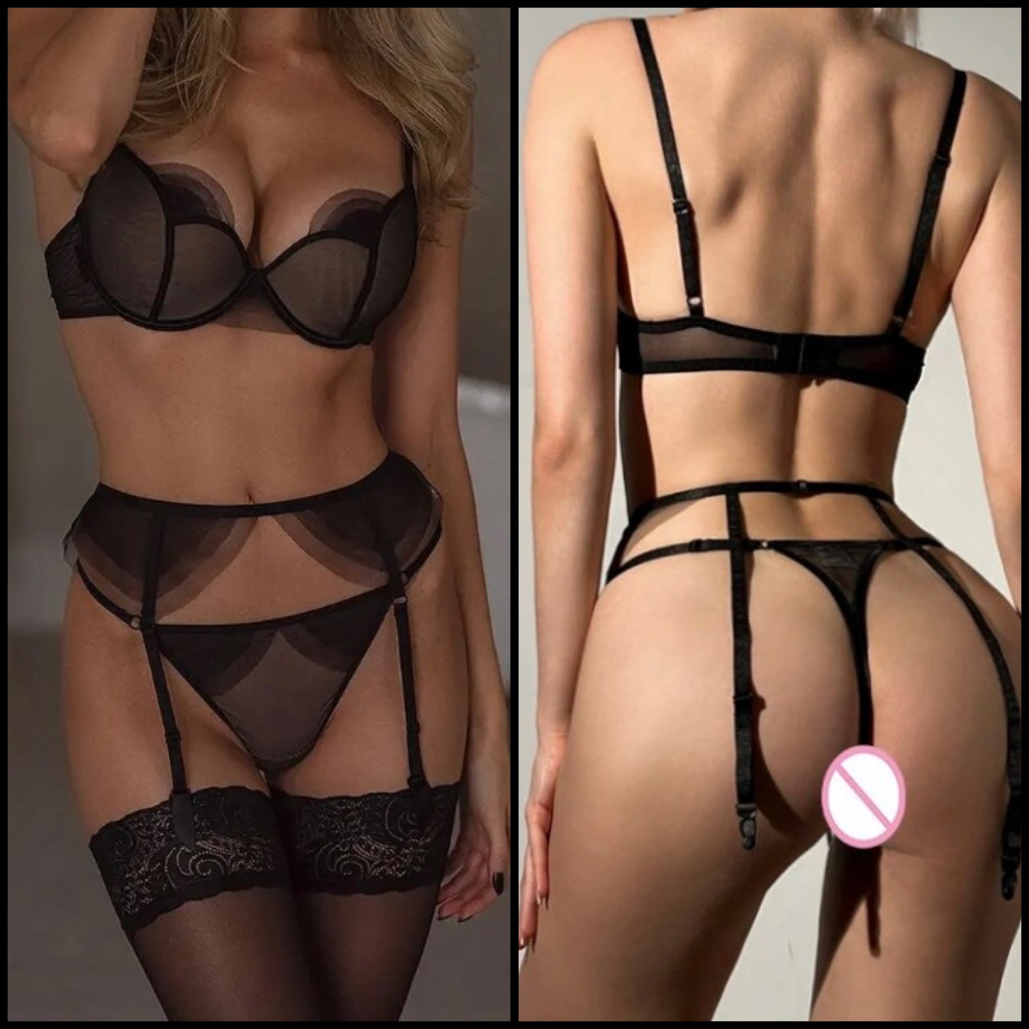 Women Sexy Black Mesh Lingerie Set