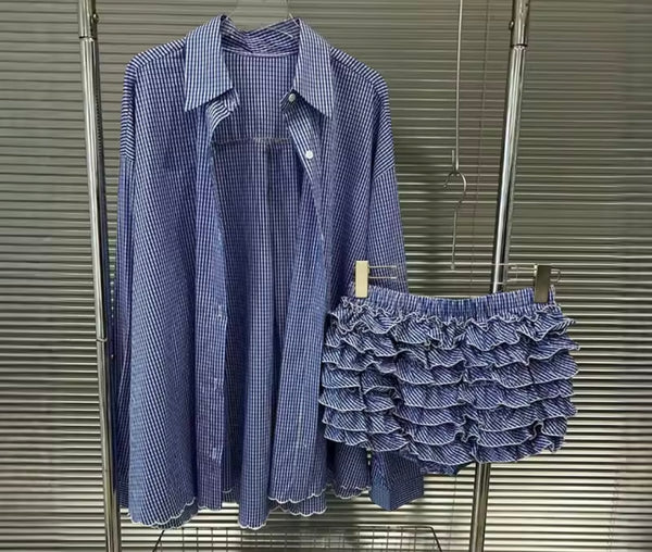 Women Fashion Blue Plaid Button Up Full Sleeve Ruffled Two Piece Short Set