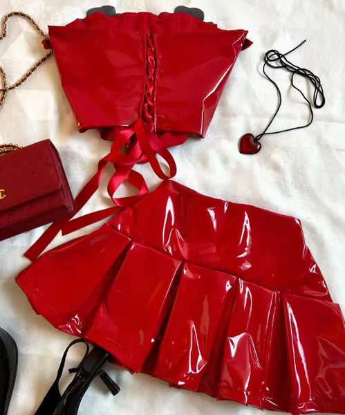 Women Sexy Strapless Floral Red PU Two Piece Pleated Skirt Set