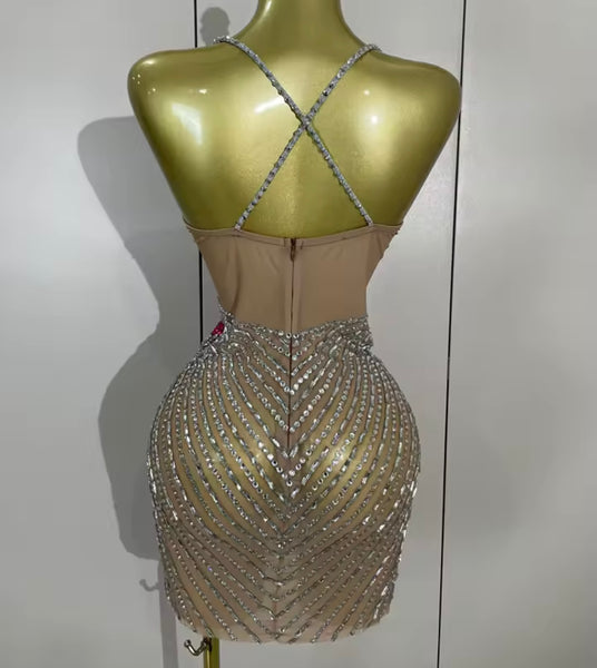 Women Sexy Sleeveless Colorful Rhinestone Mesh Dress