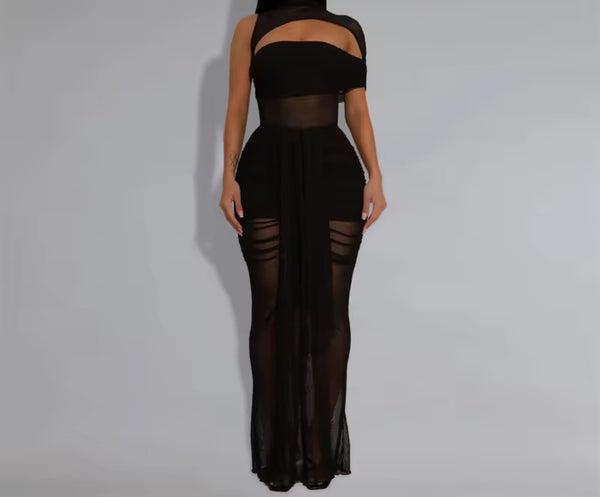 Women Black Sleeveless Mesh Sexy Maxi Dress