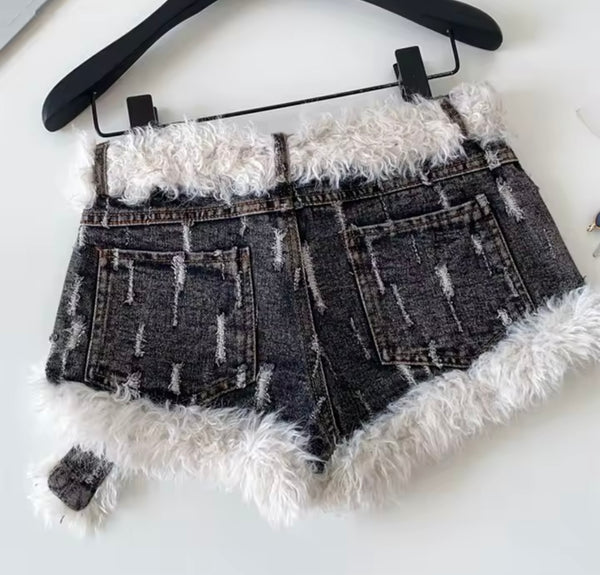 Women Fashion Ripped Faux Fur Patchwork Denim Shorts