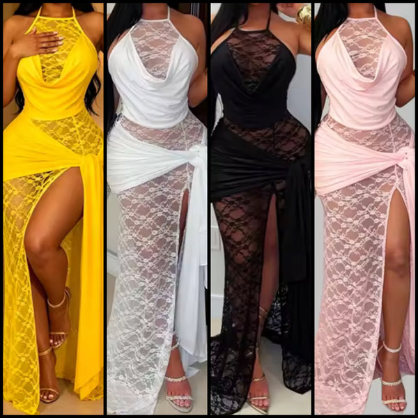 Women Sexy Halter Sleeveless Lace Side Split Maxi Dress