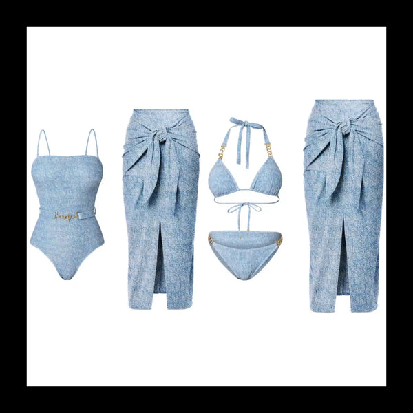 Women Sexy Blue Chain Bikini/Swimsuit Cover Up Set