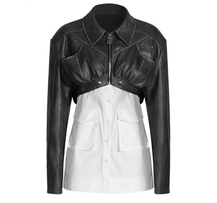 Women Fashion Button Up Faux Leather Patchwork Jacket