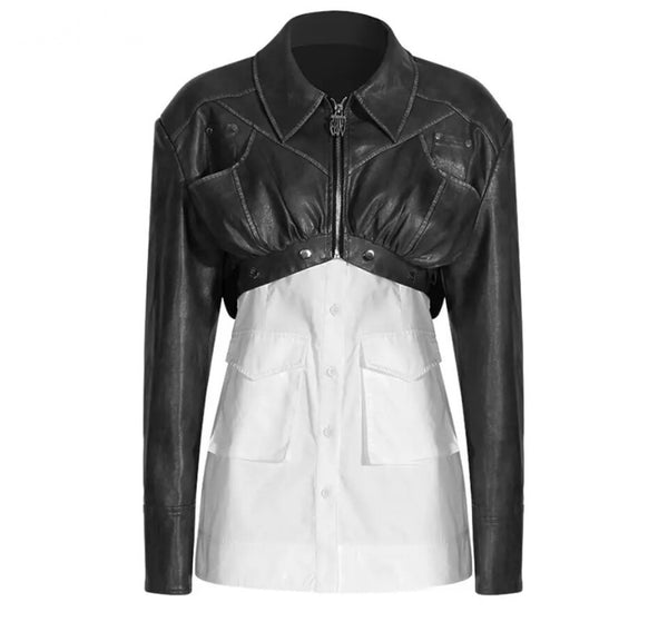 Women Fashion Button Up Faux Leather Patchwork Jacket