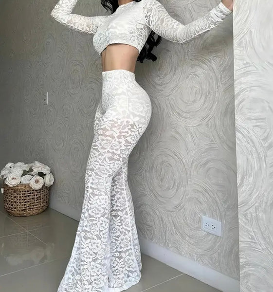 Women Sexy Lace Full Sleeve Crop Two Piece Pant Set