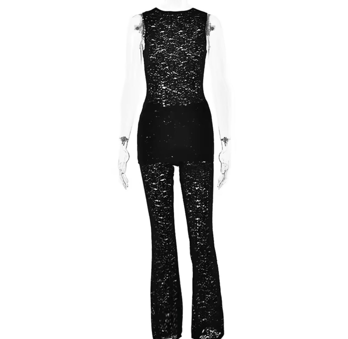 Women Sexy Sleeveless Solid Color Lace Two Piece Pant Set